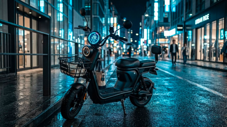Bicicleta elétrica Cavalletta C3 estacionada numa rua movimentada à noite, com cesto frontal e display LED