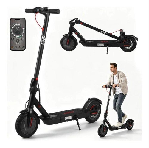 Patinete elétrico GM5 P1 preto dobrável, visto em quatro ângulos