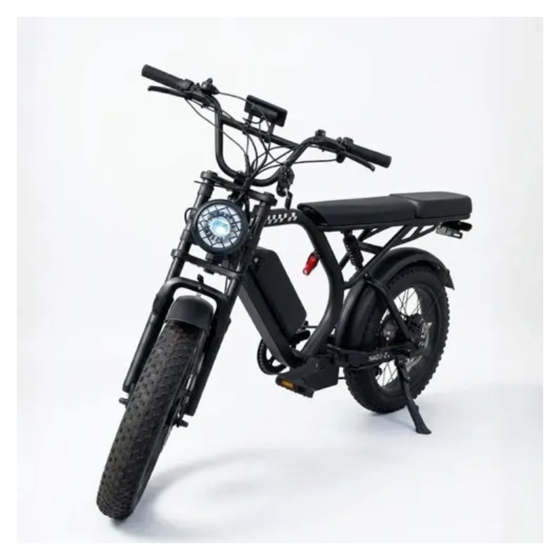 Bicicleta elétrica Nado K3 preta com pneus fat aro 20 e banco duplo