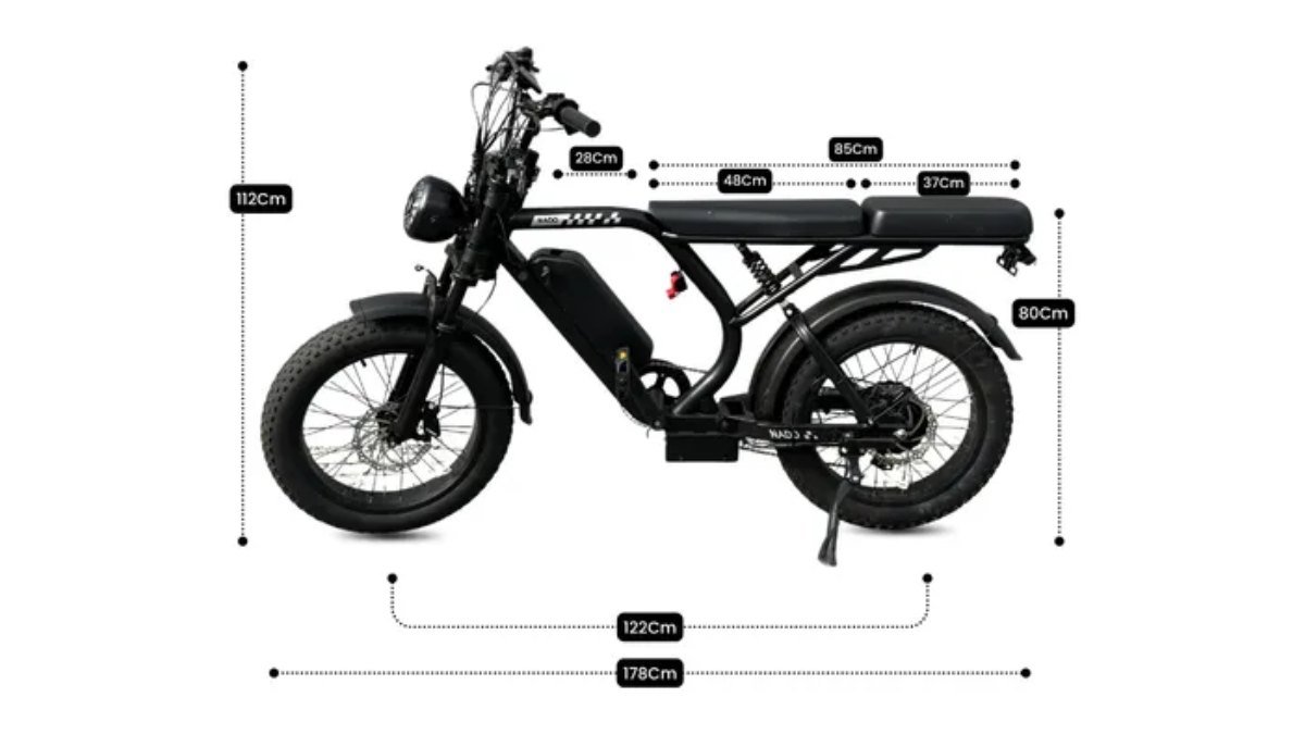 Desenho técnico da bicicleta elétrica Nado K3 com 178 cm de comprimento e 122 cm entre eixos